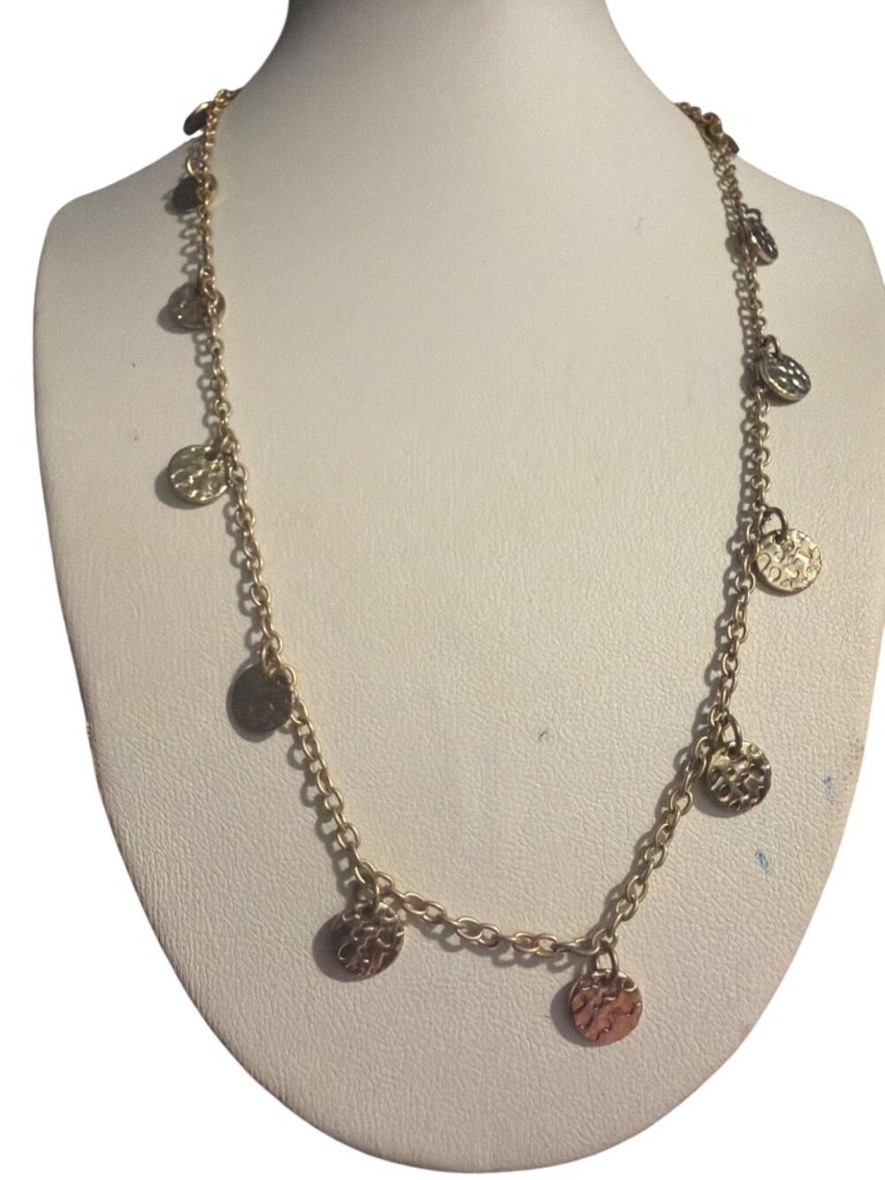 Gold Tone Disc Dangles Necklace Hammered Bird Sparrow Jewelry Mark Adj 20"